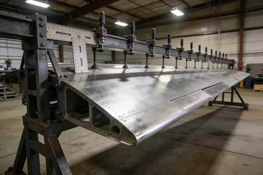 An aluminium wing skin held in a steel assembly jig in a high-bay hangar.