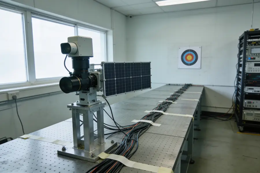 An electro-optical sensor turret and a flat panel antenna on a laboratory test stand.
