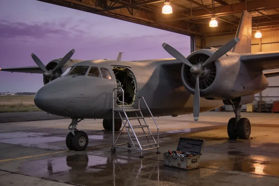 A twin-engine turboprop on a wet apron at dusk with a maintenance stand at the open cowling.