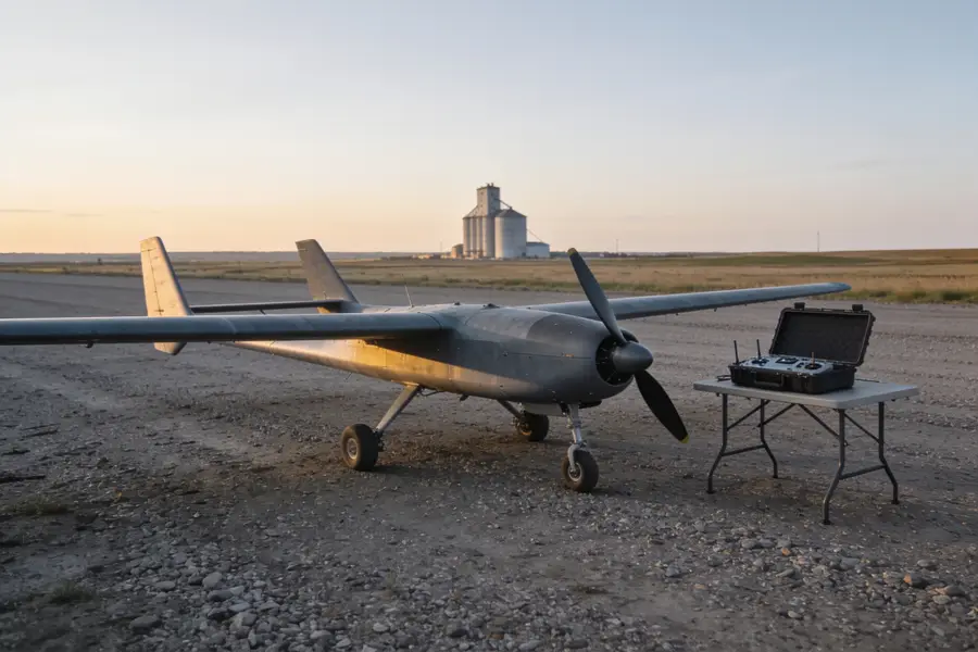 A fixed-wing uncrewed aircraft on a gravel strip at first light, a grain elevator on the horizon.