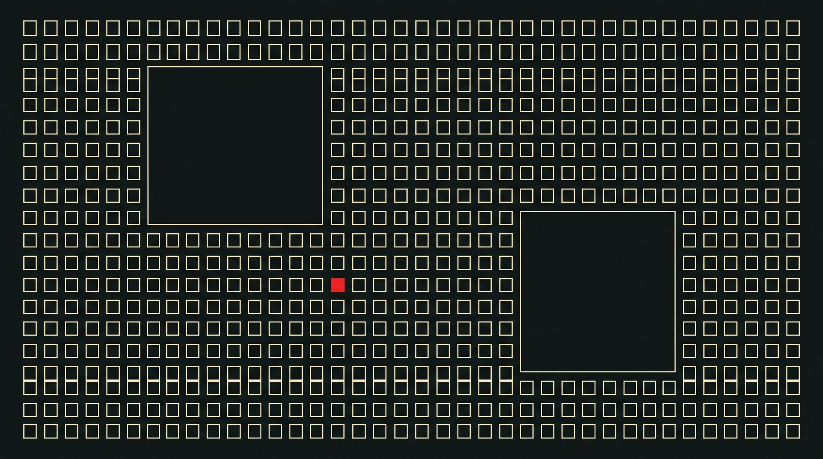 Abstract diagram: a grid of many small squares with two larger ones, one square filled red.