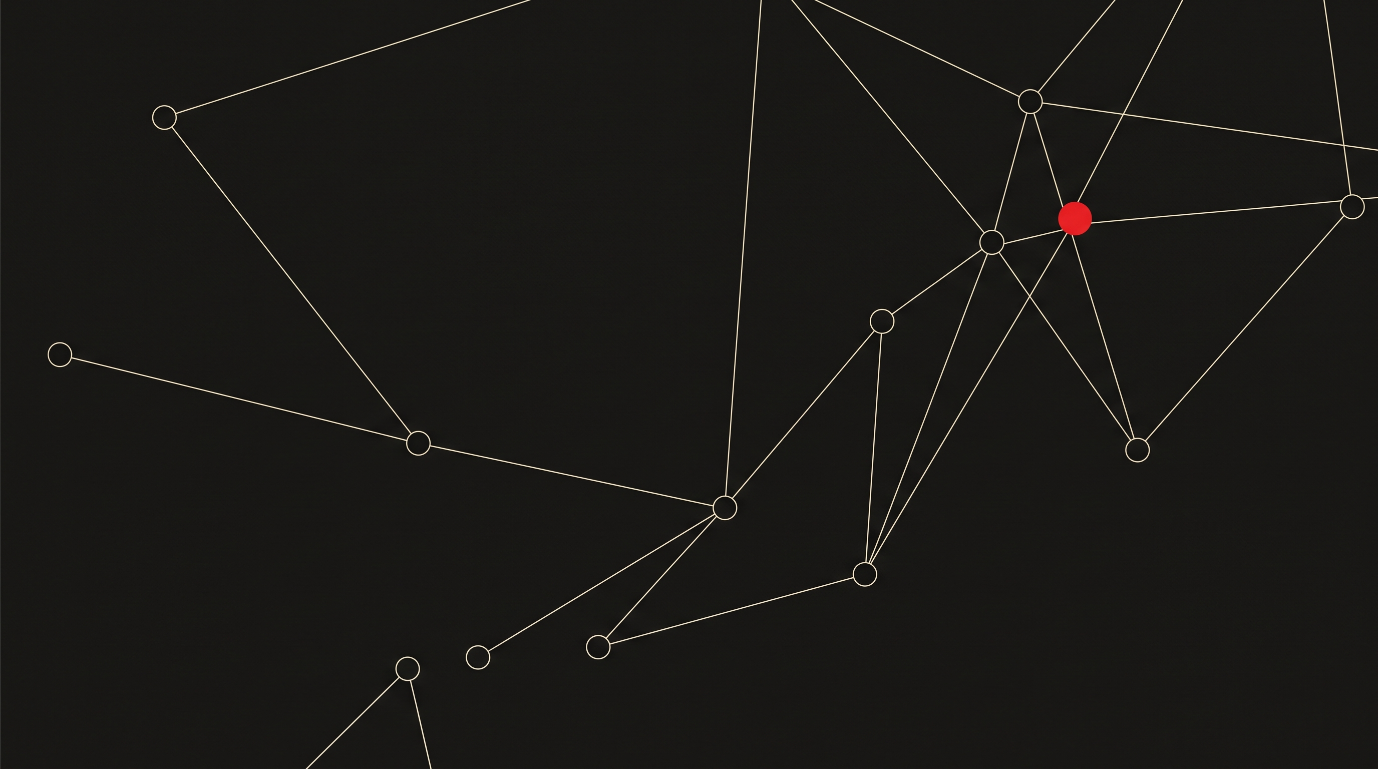 Abstract diagram: dispersed nodes connected by sparse lines, one node filled red.
