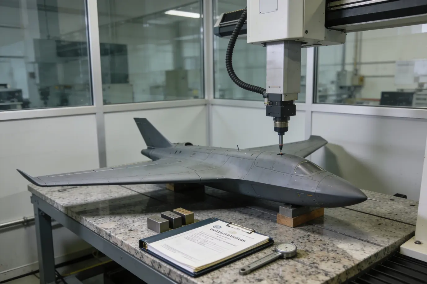 A coordinate measuring machine probing the skin of a grey flying-wing uncrewed aircraft on a granite table, with a printed inspection sheet beside it.