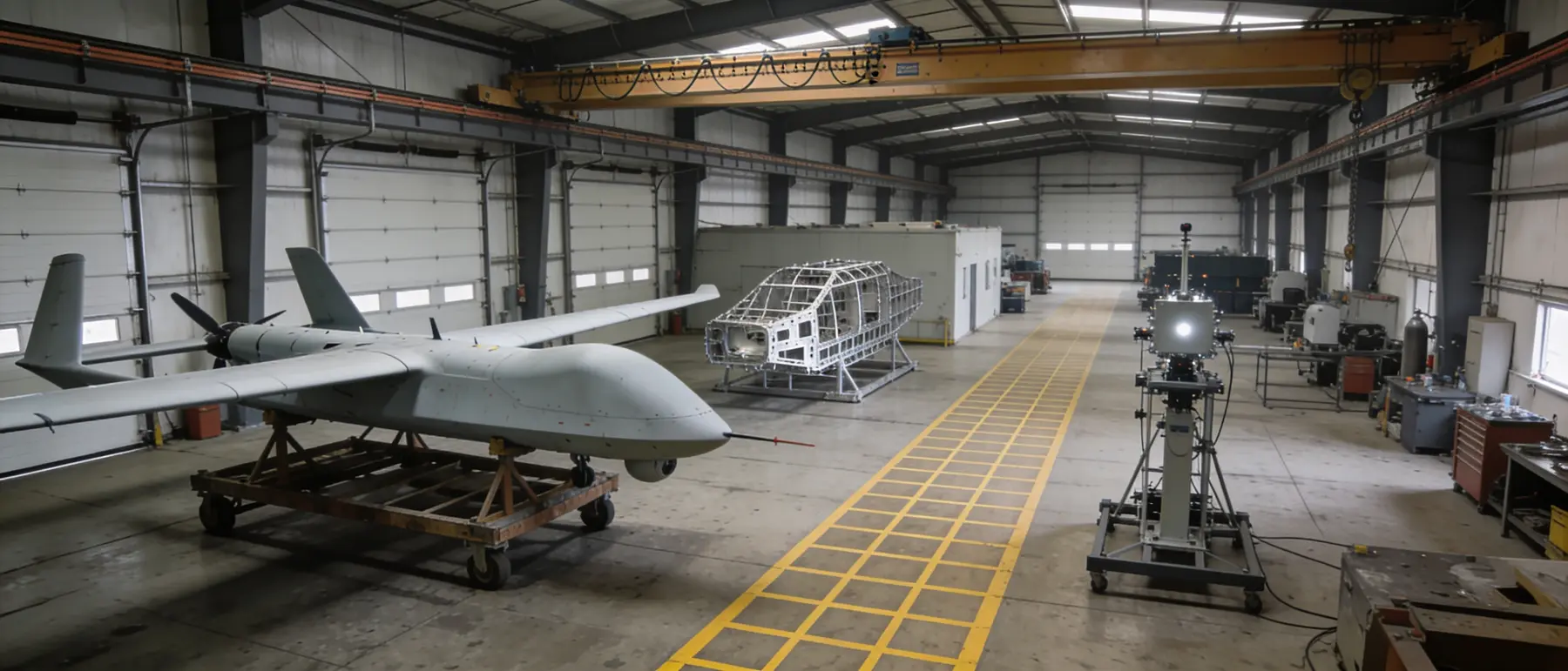 Inside a long high-bay hall shared by several firms: an uncrewed aircraft on a trestle in one bay, an airframe jig in the next, a test stand beyond, a painted floor grid between them.